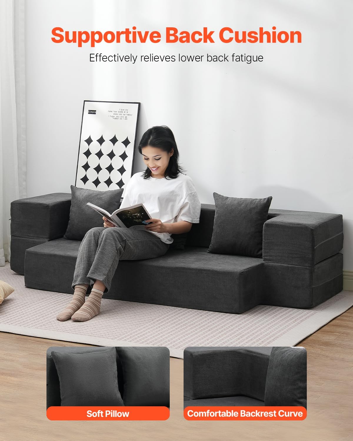 VEVOR Folding Sofa Bed, 3-in-1 Foldable Couch Bed with 3 Pillows and Washable Cover, 25D High Density Memory Foam Convertible Sleeper Chair Bed, Futon Couch, Dark Grey(Twin XL)