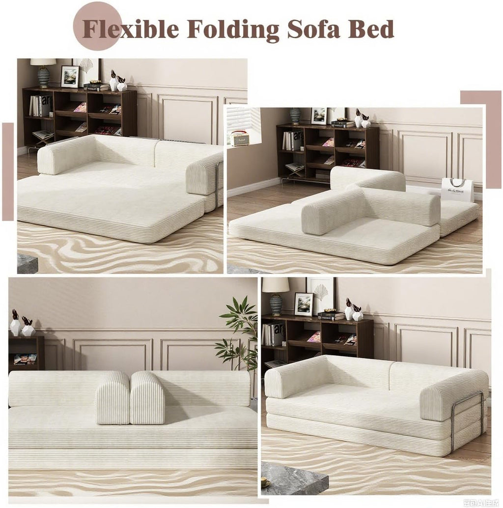 Convertible Corduroy Sleeper Sofa Bed,Folding Mattress Couch with Fixed-Shape Frame, 3 Seater Fold Out King Size Futon,No Assembly Floor Couch for Living Room Dorm Studio 78.7*39.4*29.6 Inch Beige