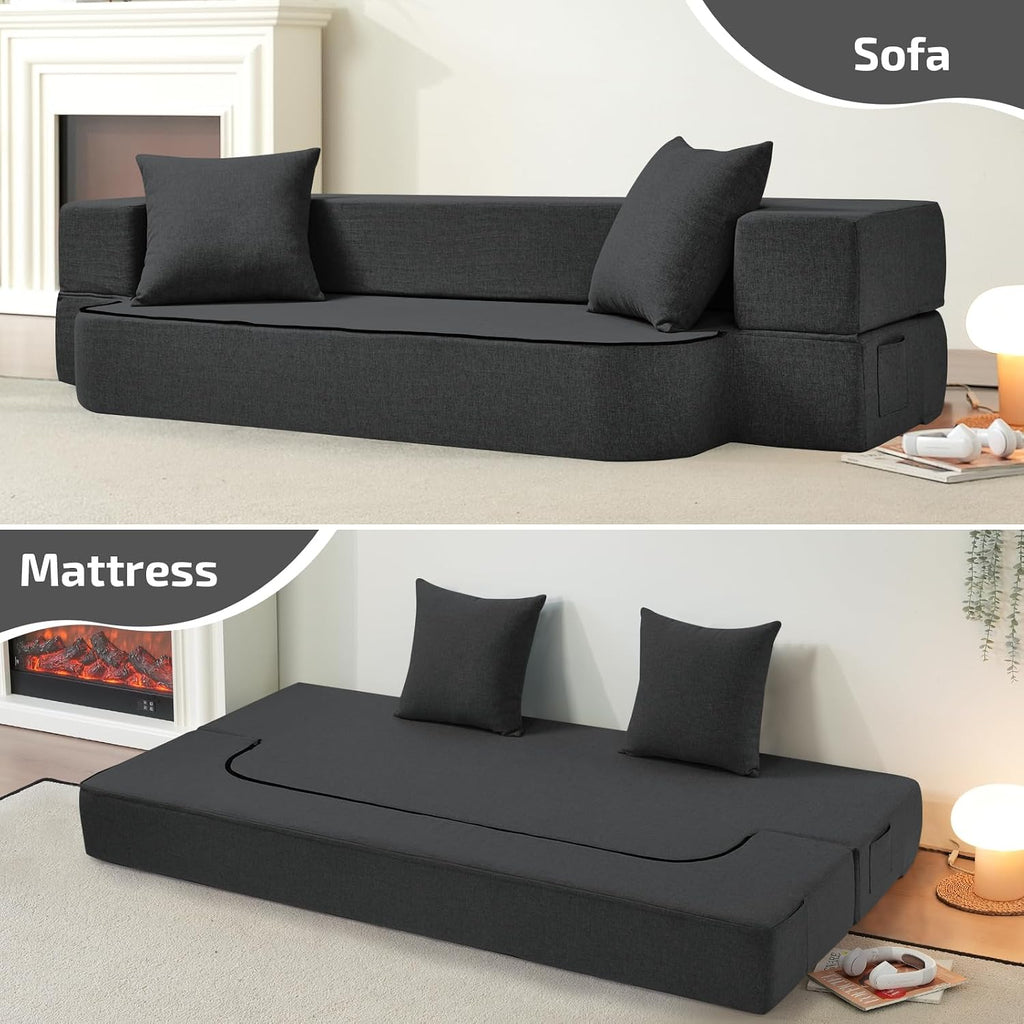SUYOLS 2-in-1 Folding Sofa Bed with Pillows - Folding Chair Floor Couch & Sleeping Mattress - Washable Cover & Memory Foam Sleeper Chair for Living Room/Guest Room/Apartment/Loft, Dark Gray, Twin XL