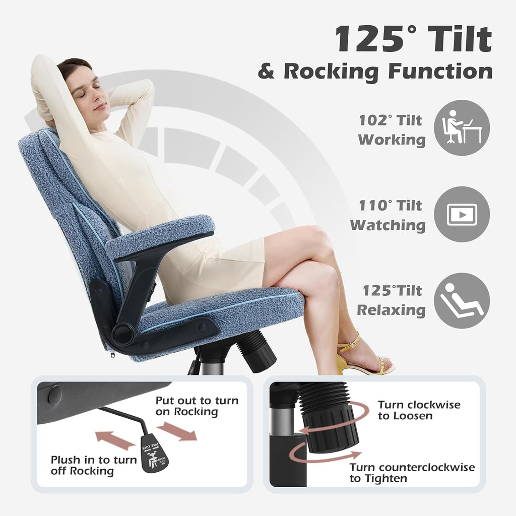 SEATZONE Home Office Desk Chairs with Wheels and Armrests,Office Chair Comfortable Ergonomic Mesh with Teddy Fleece Fabric Executive Computer Chairs for Adults and Teens,Blue