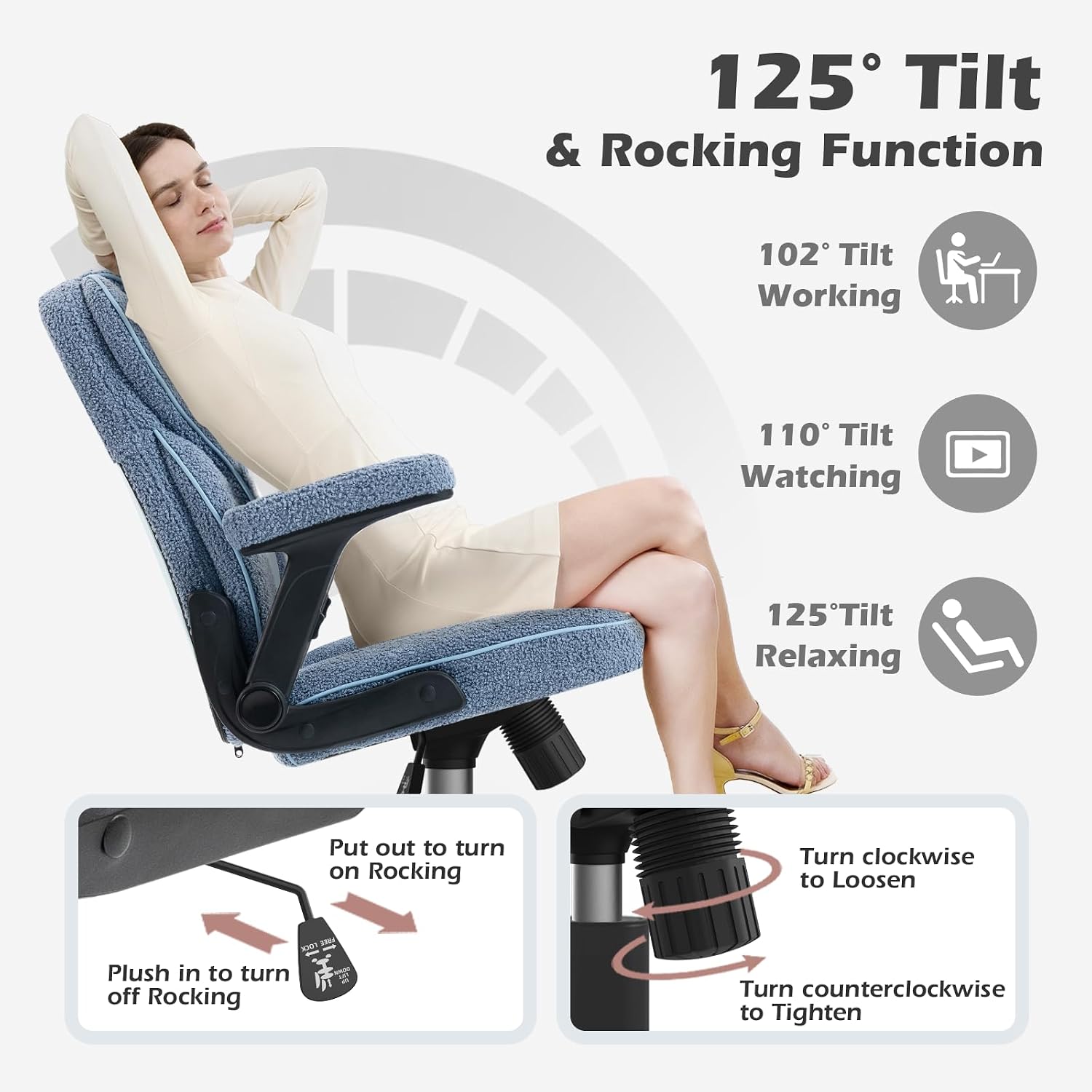 SEATZONE Home Office Desk Chairs with Wheels and Armrests,Office Chair Comfortable Ergonomic Mesh with Teddy Fleece Fabric Executive Computer Chairs for Adults and Teens,Blue