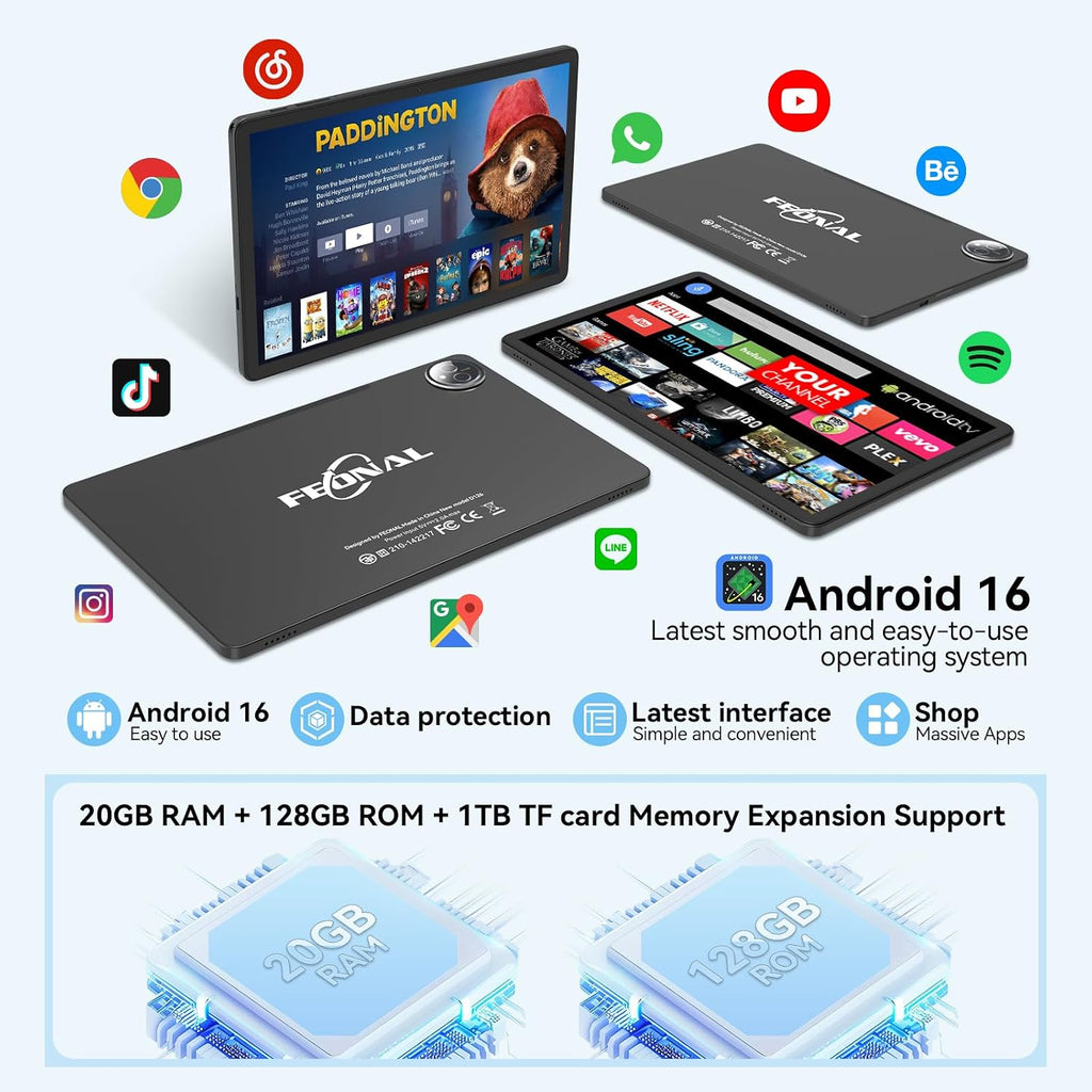Tablet 11 inch Android 16 Tablet, 2026 Latest Update 128GB ROM 20GB RAM, 4G LTE Tablets, 5G WiFi+Cellular, Octa-Core MTK8786, 13+8 MP Rear and Front Camera,Incell FHD Screen, T-Mobile SIM Card Support