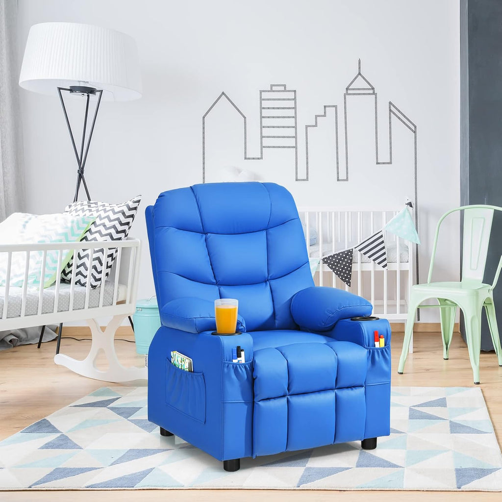 GLACER Kids Recliner Chair w/Cup Holder & Side Pockets, Children Recliner w/Comfortable Backrest, Armrests & Footrest, Toddler PU Leather Recliner for Boys Girls, 3+ Age Group (Blue)