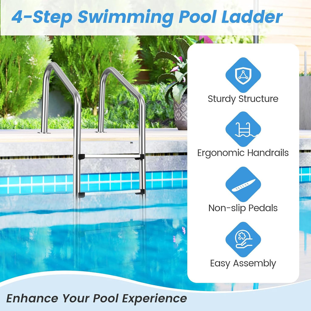 Goplus Swimming Pool Ladder, 3-Step/4-Step In-Ground Stainless Steel Step for Indoor/Outdoor Pool, Heavy Duty Non-Slip Ladder, Easy Assembly (4 Steps)