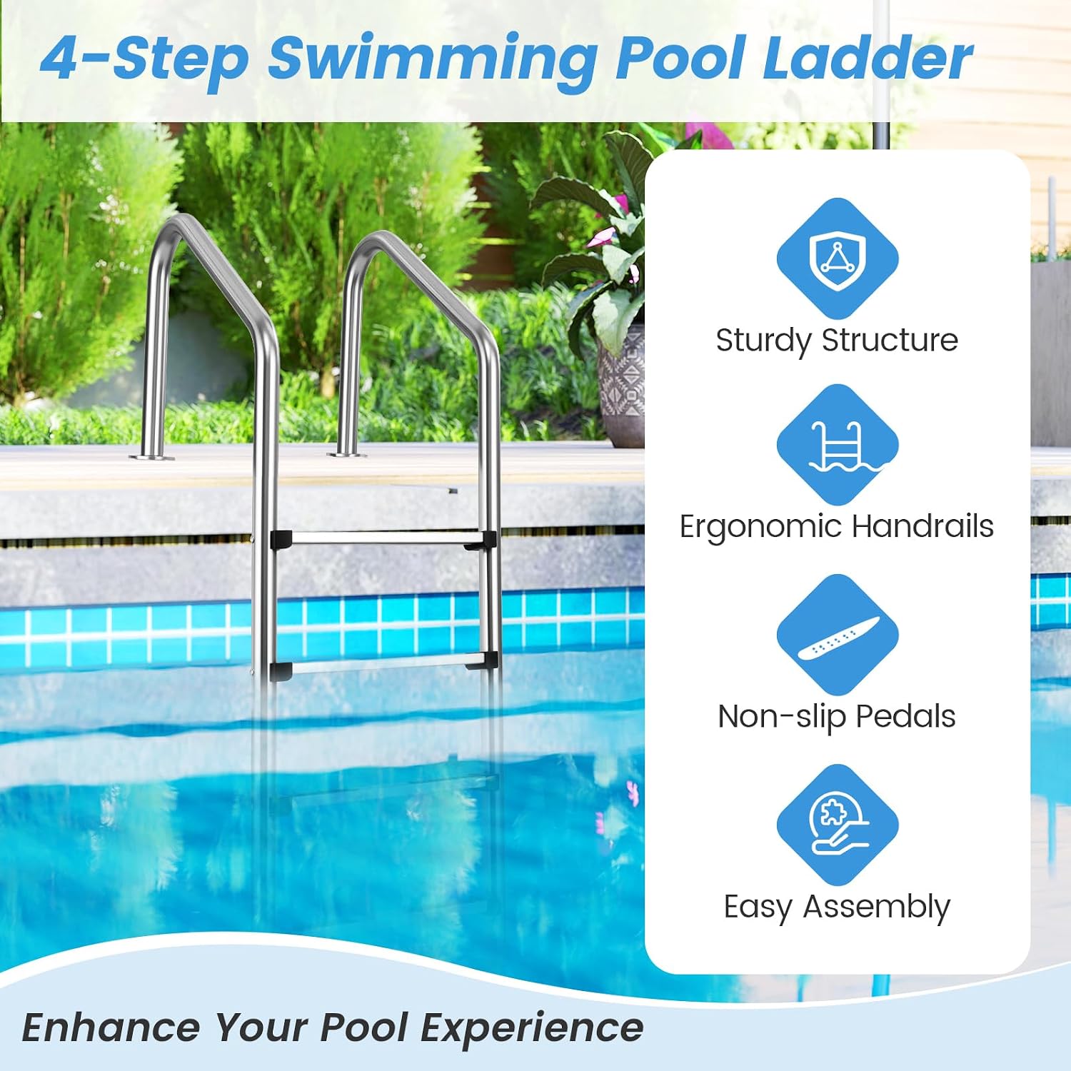 Goplus Swimming Pool Ladder, 3-Step/4-Step In-Ground Stainless Steel Step for Indoor/Outdoor Pool, Heavy Duty Non-Slip Ladder, Easy Assembly (4 Steps)