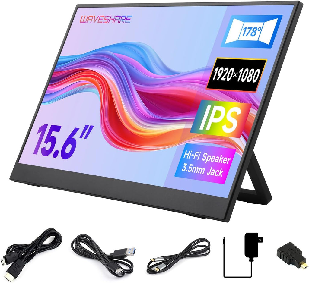 waveshare Luckfox 15.6inch Portable Monitor with Stand, IPS Screen, Mini HDMI Interface, 1920 × 1080 Full HD, 178° Viewing Angle, ABS Case, 100% sRGB High Color Gamut, Supports HDR, No Touch