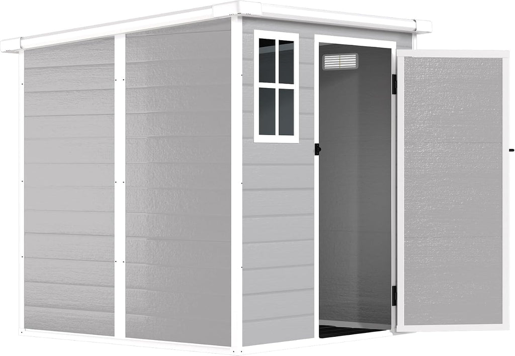 YOPTO 6x6 FT Resin Outdoor Storage Shed with Floor, All-Weather Plastic Shed with Lockable Doors, Window & Vents, Utility Plastic Tool Shed Storage House for Backyard, Patio, Light Grey