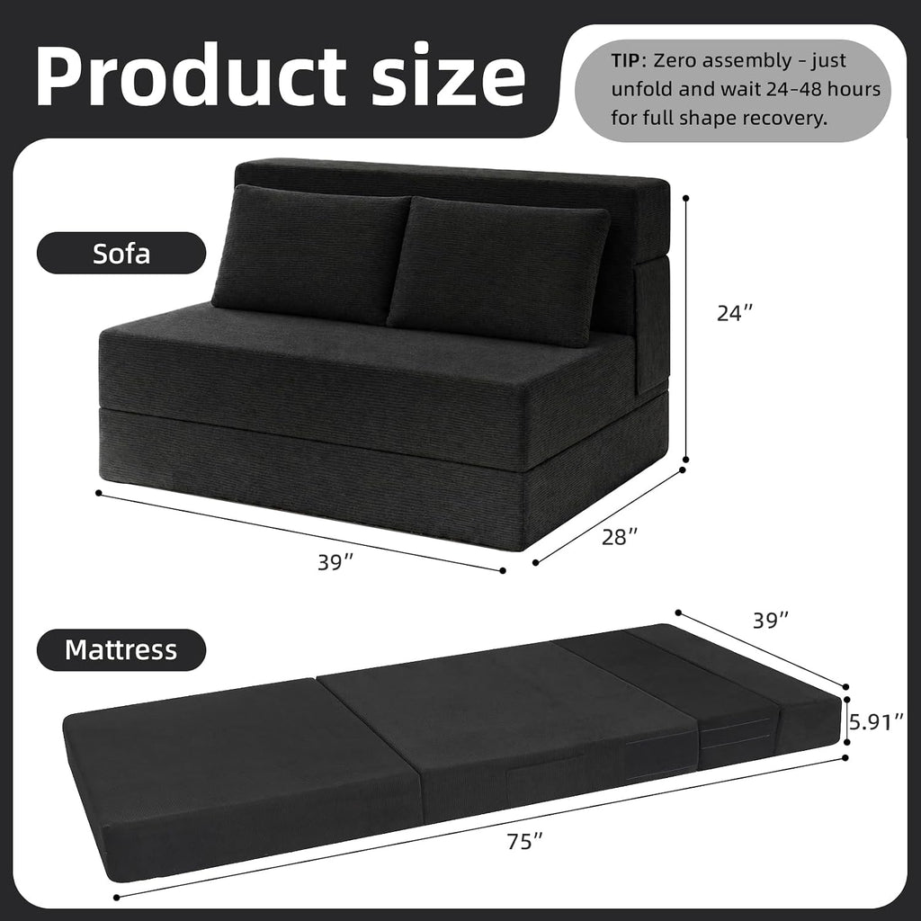 Folding Sofa Bed,Convertible Sleeper Chair with Pillow, Loveseat Fold Out Chair Bed, Memory Foam Floor Couch Mattress, Foldable Futon Couch Lounge for Living Room (Black-Corduroy, Twin)