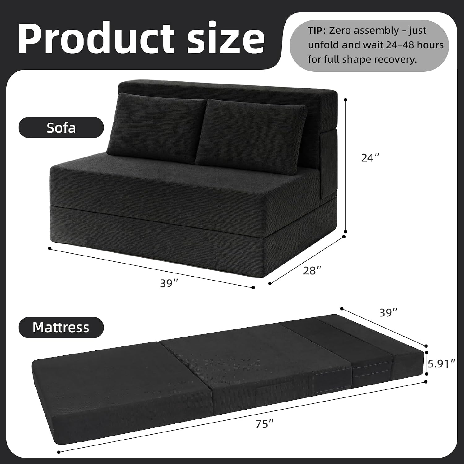 Folding Sofa Bed,Convertible Sleeper Chair with Pillow, Loveseat Fold Out Chair Bed, Memory Foam Floor Couch Mattress, Foldable Futon Couch Lounge for Living Room (Black-Corduroy, Twin)