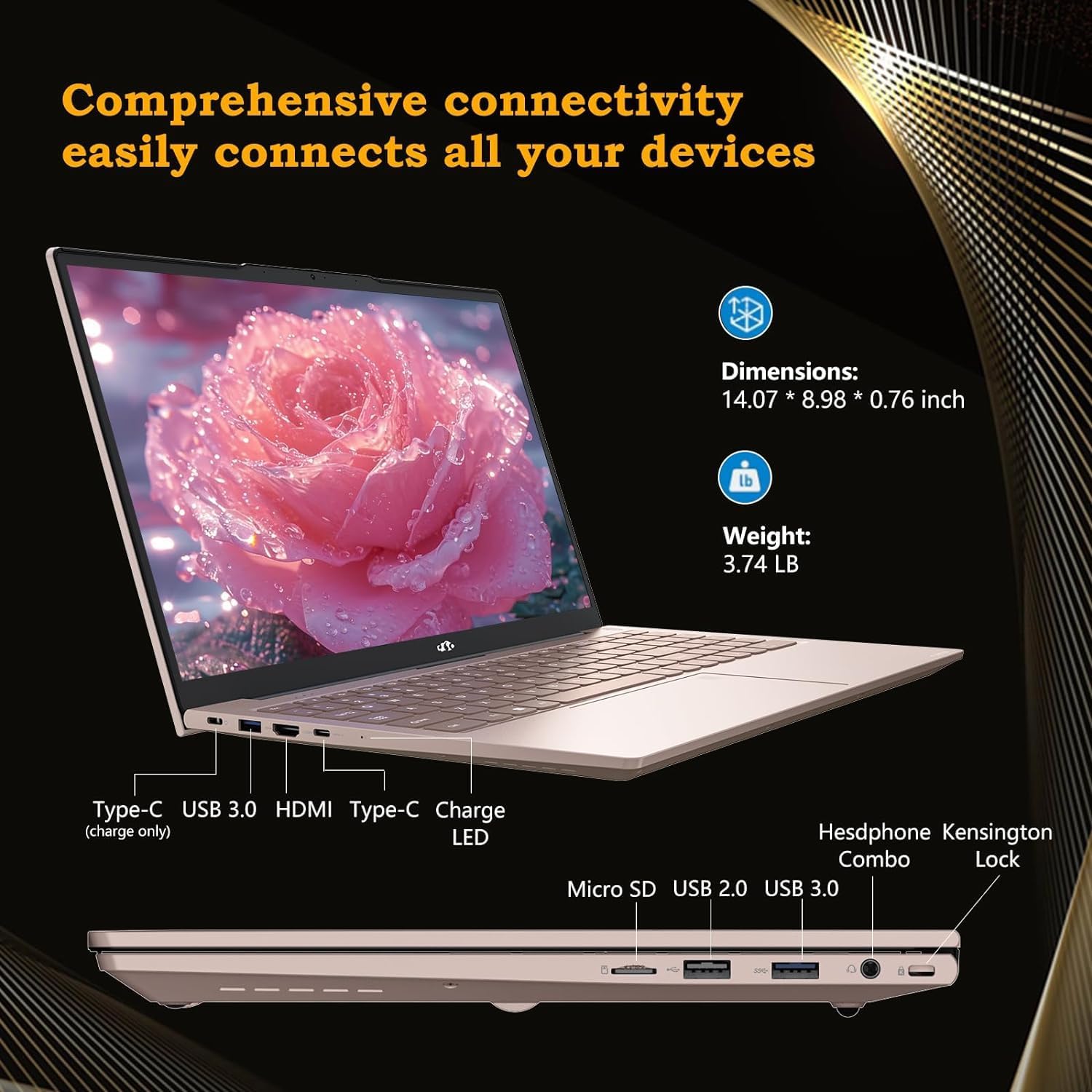 NIMO 15.6 FHD Student Laptop, Intel Pentium Quad-Core N100(Beat to i3-1115G4, Up to 3.4GHz), 8GB RAM, 128GB SSD, 2 Years Warranty, Type-C 65W Adapter, Backlit Keyboard, Fingerprint, Win 11, Rose Gold