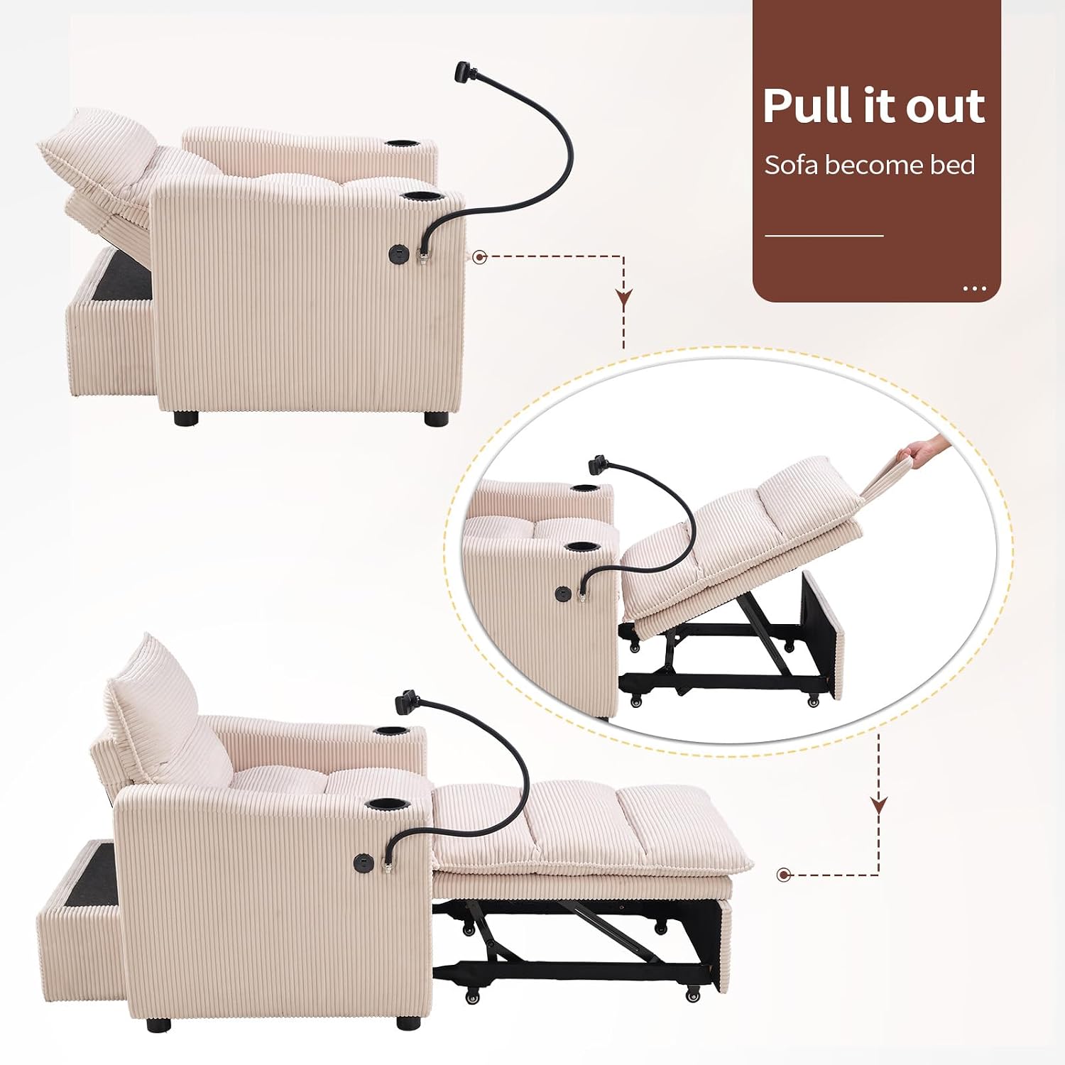 HAOMARKETS Corduroy Sleeper Sofa Bed with Cup Holders, 3-in-1 Convertible Pullout Futon Couch with Phone Holder&USB Charge Port, Single Armchair with 3-Level Adjustable Backrest for Apartment