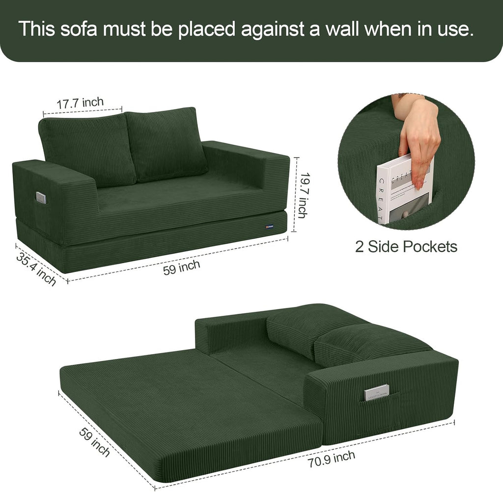 COMAX Convertible Sofa Bed Queen, Folding Fold Out Couch Bed, Floor Futon Couch Corduroy Sleeper Mattress with Back Pillows, Boneless Sofa Comfy Lounge Loveseat for Living Room Bedroom, Green