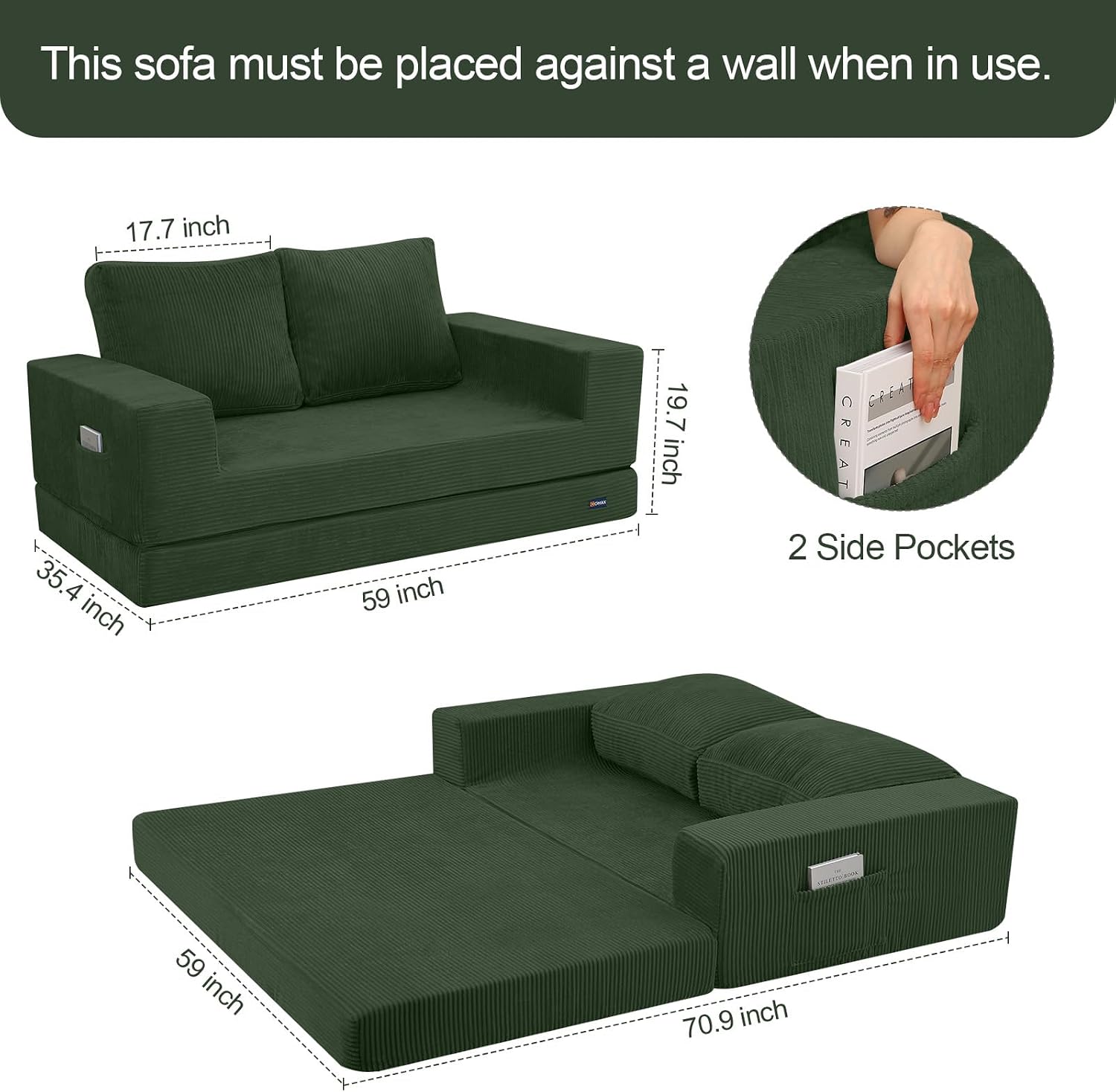 COMAX Convertible Sofa Bed Queen, Folding Fold Out Couch Bed, Floor Futon Couch Corduroy Sleeper Mattress with Back Pillows, Boneless Sofa Comfy Lounge Loveseat for Living Room Bedroom, Green
