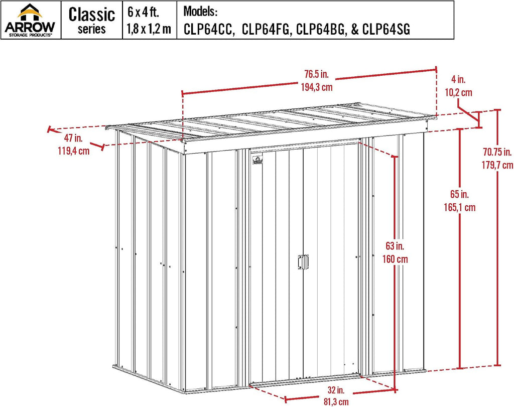 Arrow Sheds 6' x 4' Outdoor Steel Storage Shed, Grey