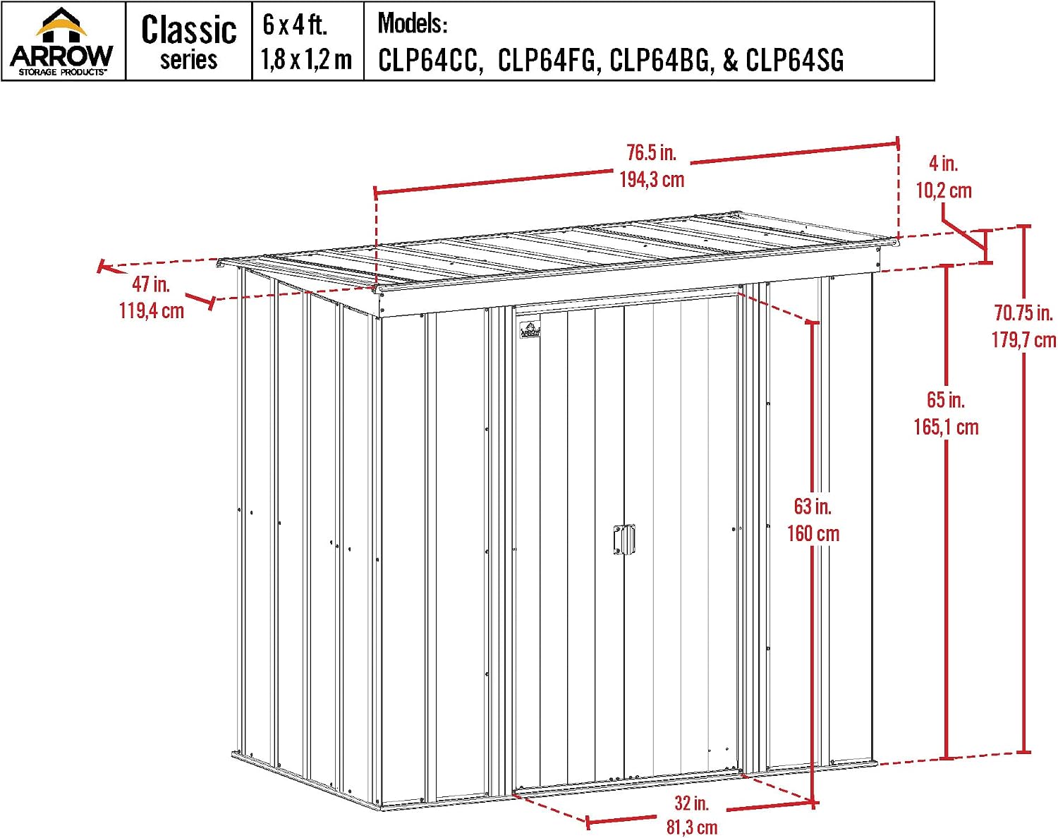 Arrow Sheds 6' x 4' Outdoor Steel Storage Shed, Grey
