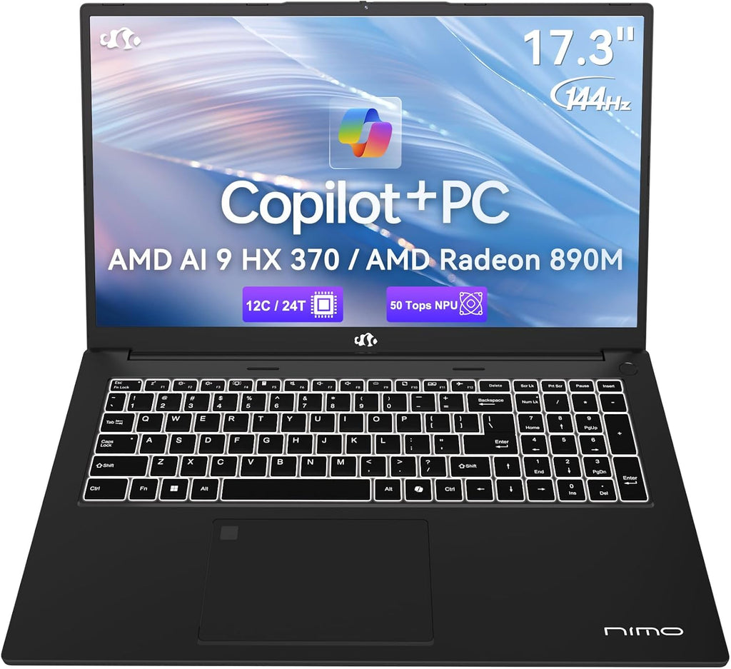 NIMO 17.3' AI Laptop, AMD Ryzen AI 9 HX 370(50 Tops NPU), Radeon 890M, 64GB RAM 4TB SSD, DDR5, 144Hz, PD 100W USB-C 4.0, Copilot+ PC AI Laptop with Wi-Fi 6E for Working Business Student
