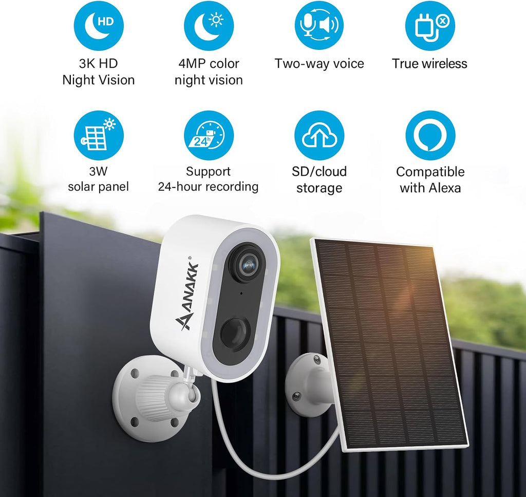 Solar Security Cameras System Wireless Outdoor with Monitor, 2 Cameras Home Surveillance, Color Night Vision, 24/7 Recording, Motion Detection, Weatherproof, Expandable to 10CH, No Monthly Fee (White)