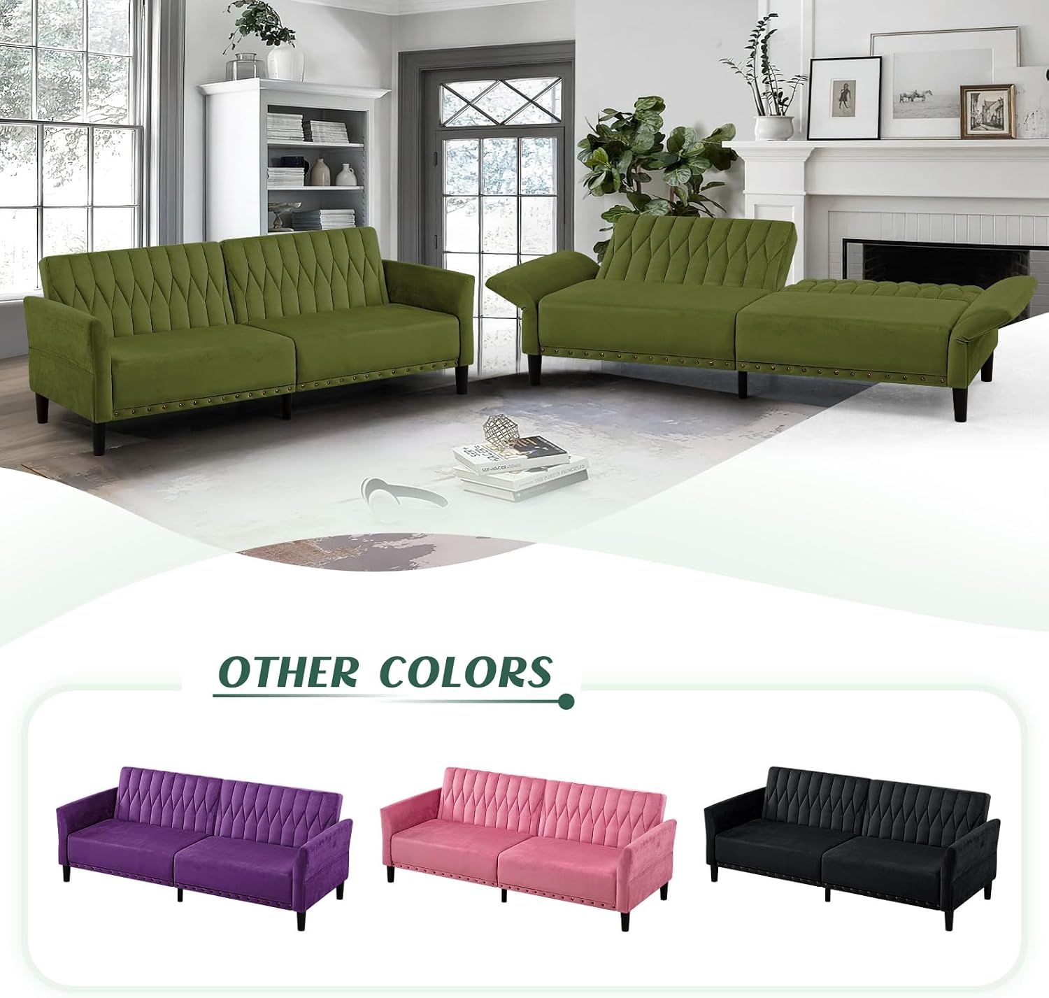 77' Velvet Sofa Bed with Adjustable Armrests and Backrests,Tufted Convertible Futon Couch with Nailhead Trim, Loveseat Modern Velvet Sleeper Sofa for Living Room,Bedroom,Office, Olive Green
