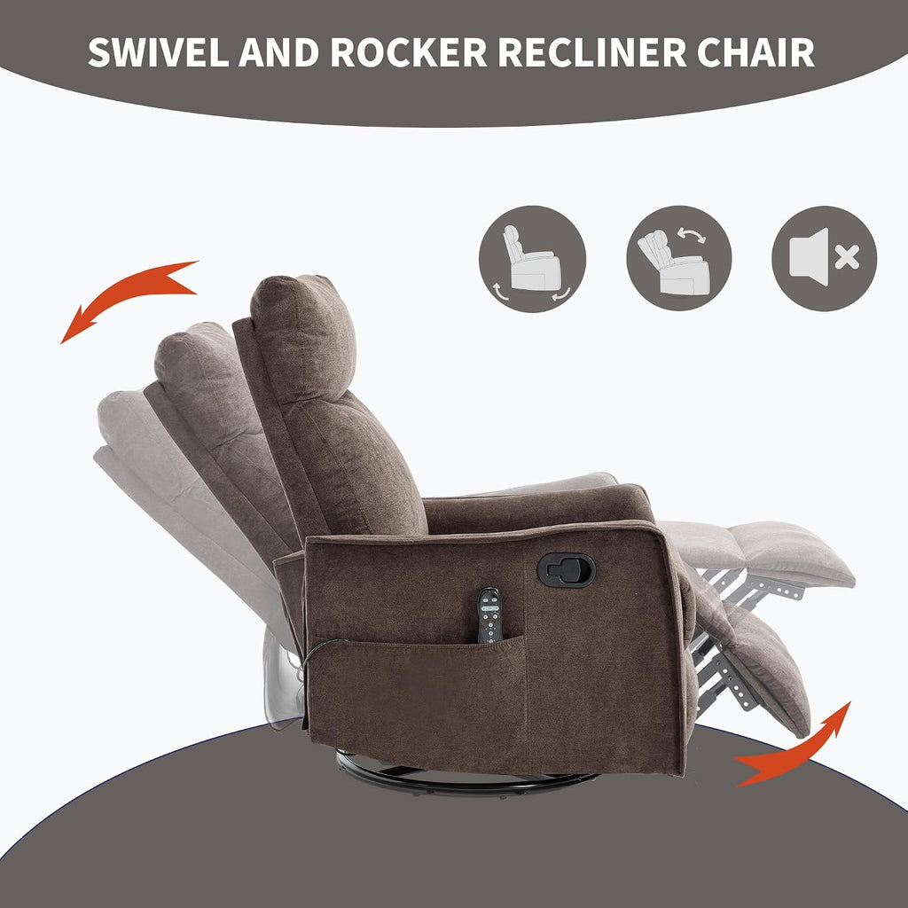 Massage Chair Recliner with Heat, 360° Swivel Glider Rocker with Reclining Backrest and Footrest, Manual Lazy Boy Recliners for Adults, Modern Nursery Rocking Chairs (Brown)