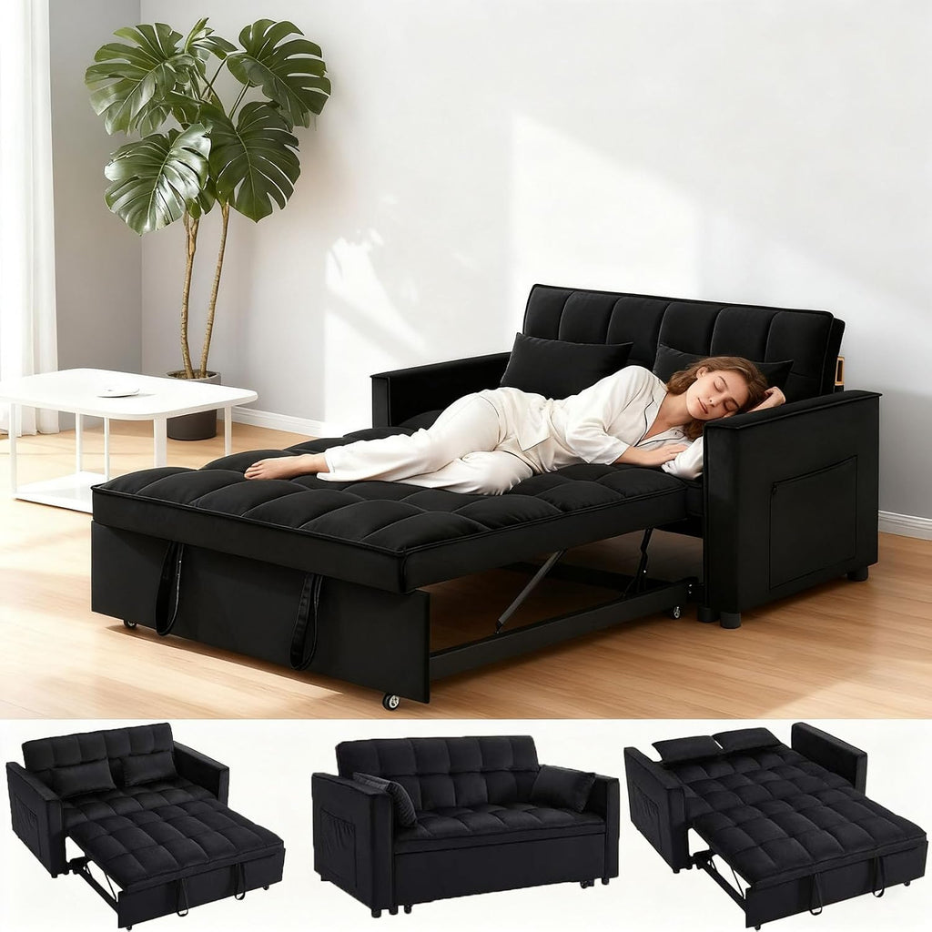 70' 3-in-1 Velvet Sleeper Sofa Bed, Convertible Pull Out Couch w/Adjustable Back, Armrests & Storage. Modern Black Futon for Living Room, Bedroom, Small Space - 2 Pillows Included Black