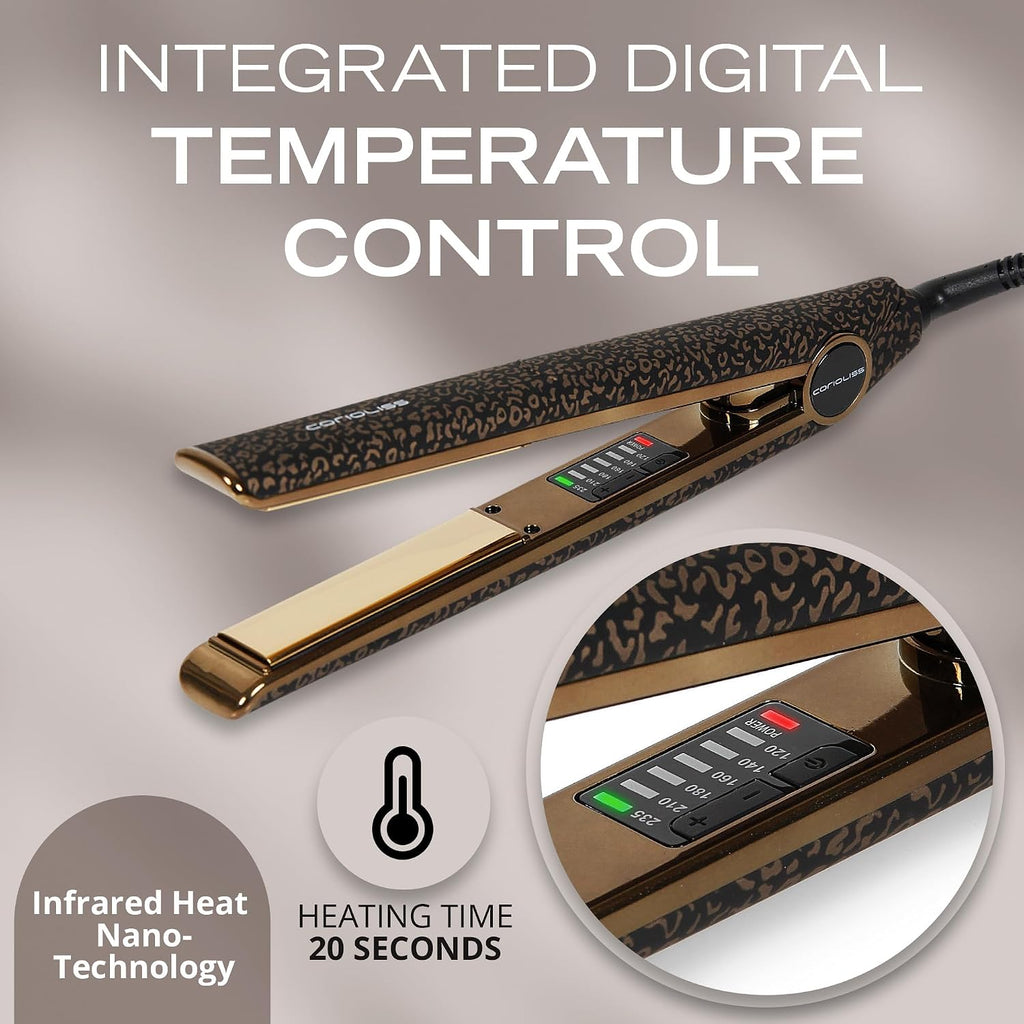 Corioliss C1 Flat Iron Hair Straightener Professional Titanium Plates Temperature Control Travel Case (Leopard Gold Soft Touch)