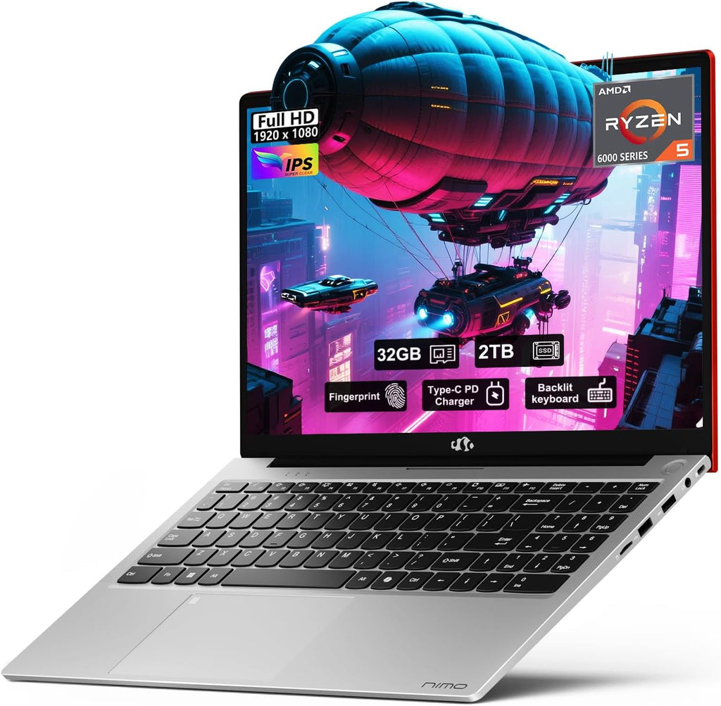NIMO 15.6'' FHD IPS Business-Laptop-Computer - AMD Ryzen 5 6600H, 32GB DDR5 RAM 2TB SSD(Beat R7 5700U, 6 Cores Up to 4.5GHz), 100W Type-C, 6 Cores 660M GPU, Fingerprint, Backlit Keyboard, Win 11