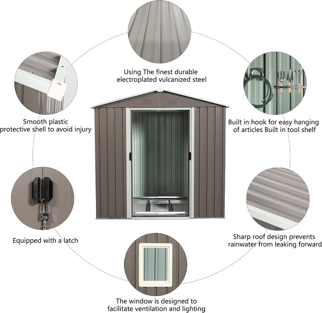 6 x 4 Ft Outdoor Storage Shed, Sturdy Metal Garden Shed with Base Foundation, Waterproof Patio Tools Shed Storage House with Sliding Doors and Window for Backyard Lawn, Gray