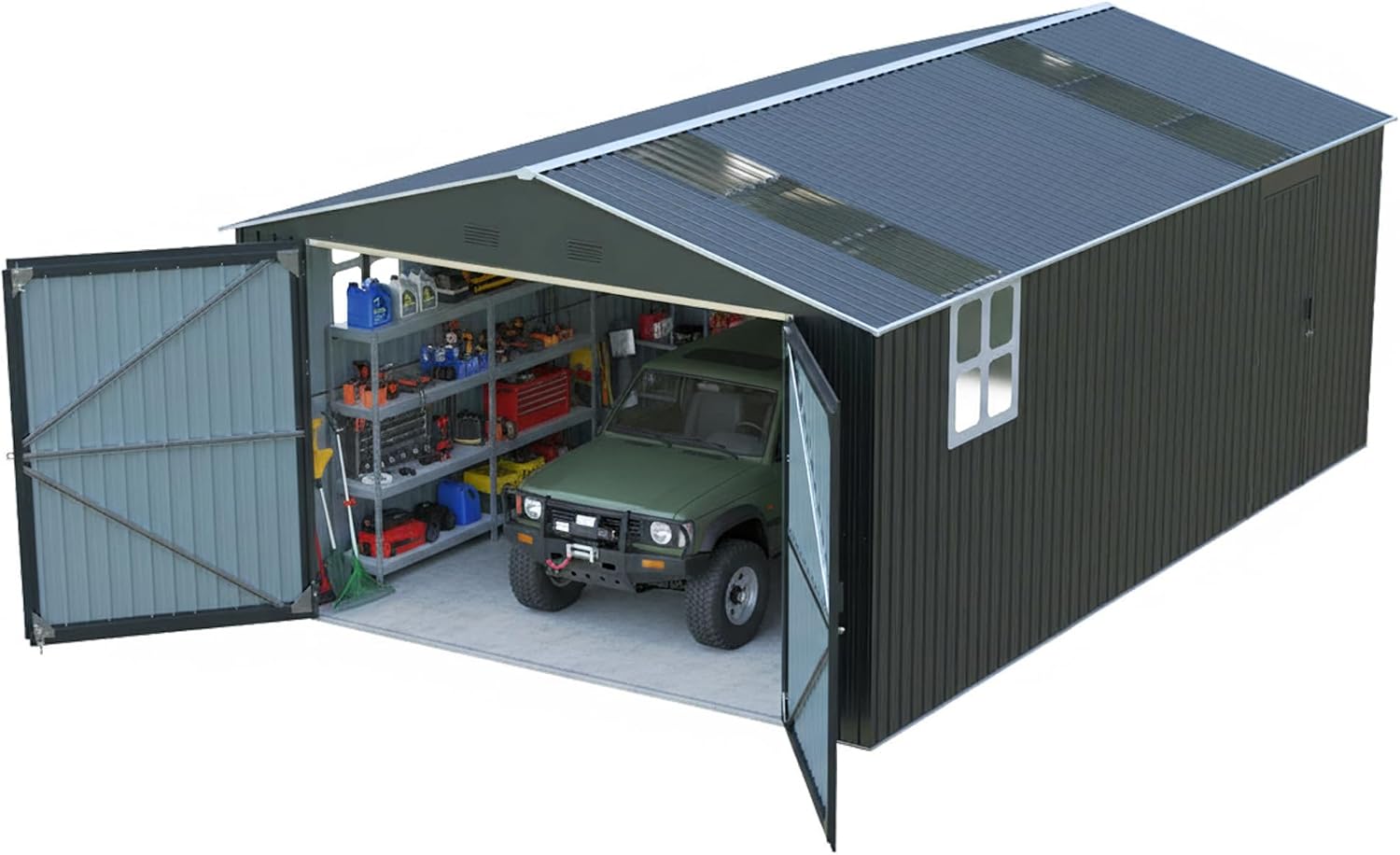 Large Storage Shed 13x20ft, Outdoor Metal Garage Shed with 2 Doors and 2 Windows, Heavy Duty, Black