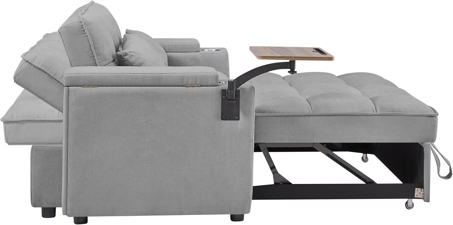 Auvsoce 65'' Convertible Sleeper Sofa Bed with Adjustable Backrest, Chaise Lounge, Side Table & USB/Type-C Ports – Stylish & Functional Addition to Any Living Room (Light Grey)