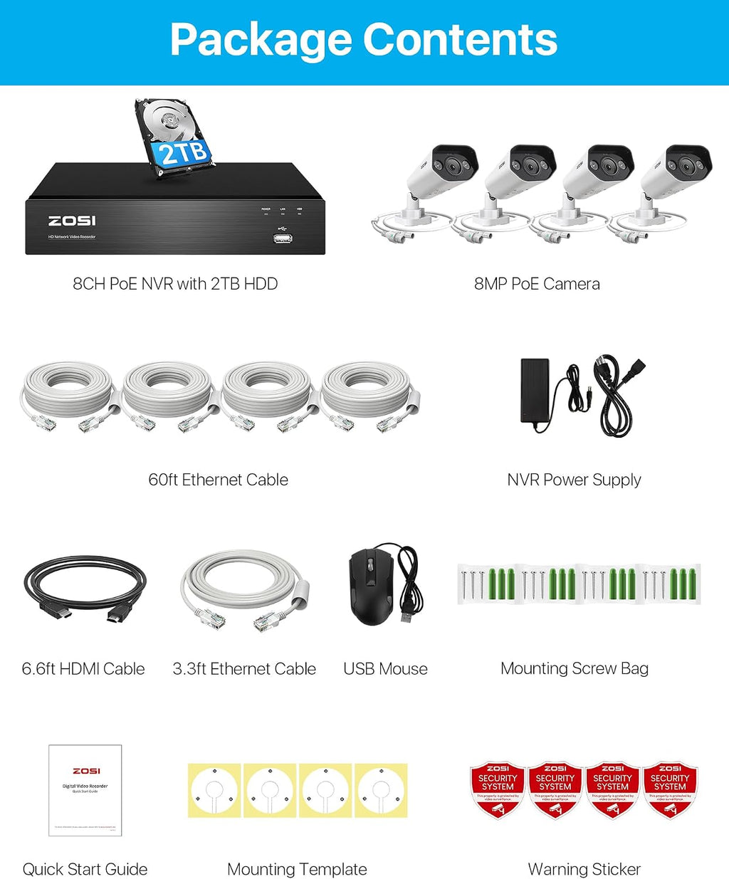 ZOSI 4K PoE Security Camera System,Person Vehicle Detection,8 Port 16CH 8MP NVR with 2TB HDD,4pcs 4K Outdoor Indoor PoE IP Cameras,2 Way Audio,Spotlight Siren,Color Night Vision,for 24/7 Recording