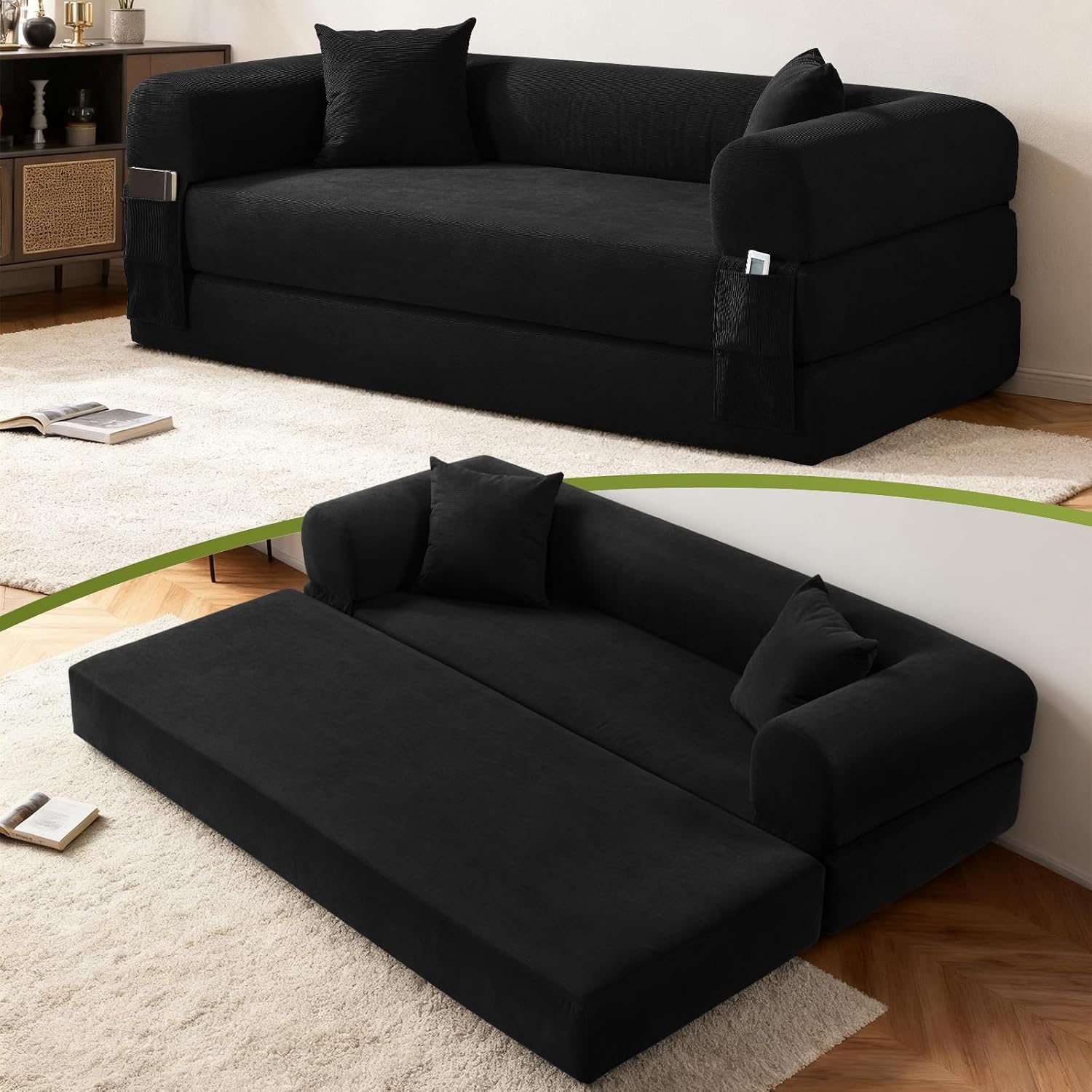 Convertible Futon Sofa Bed,80' Folding Pull Out Couch with Pillows & Storage Pocket (Black, Corduroy-30 W)
