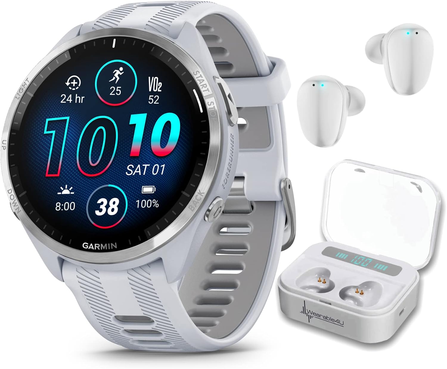 Garmin Forerunner 965 Premium GPS Running and Triathlon 47mm Smartwatch with AMOLED Touchscreen Display, Titanium Bezel Whitestone Silicone Band White Earbuds Bundle, White +Wht EarBuds