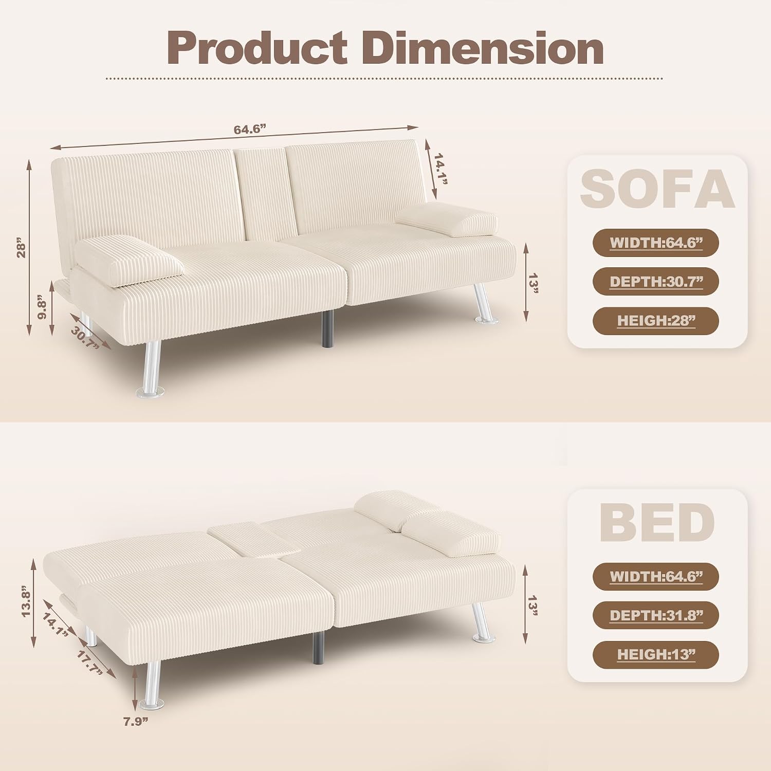 YESHOMY Futon Sofa Bed, Futon Couch with Adjustable Backrest, Convertible Sleeper Sofa with Removable Armrests, Loveseat in Corduroy with 2 Cup Holders for Living Room, Apartment (Beige)