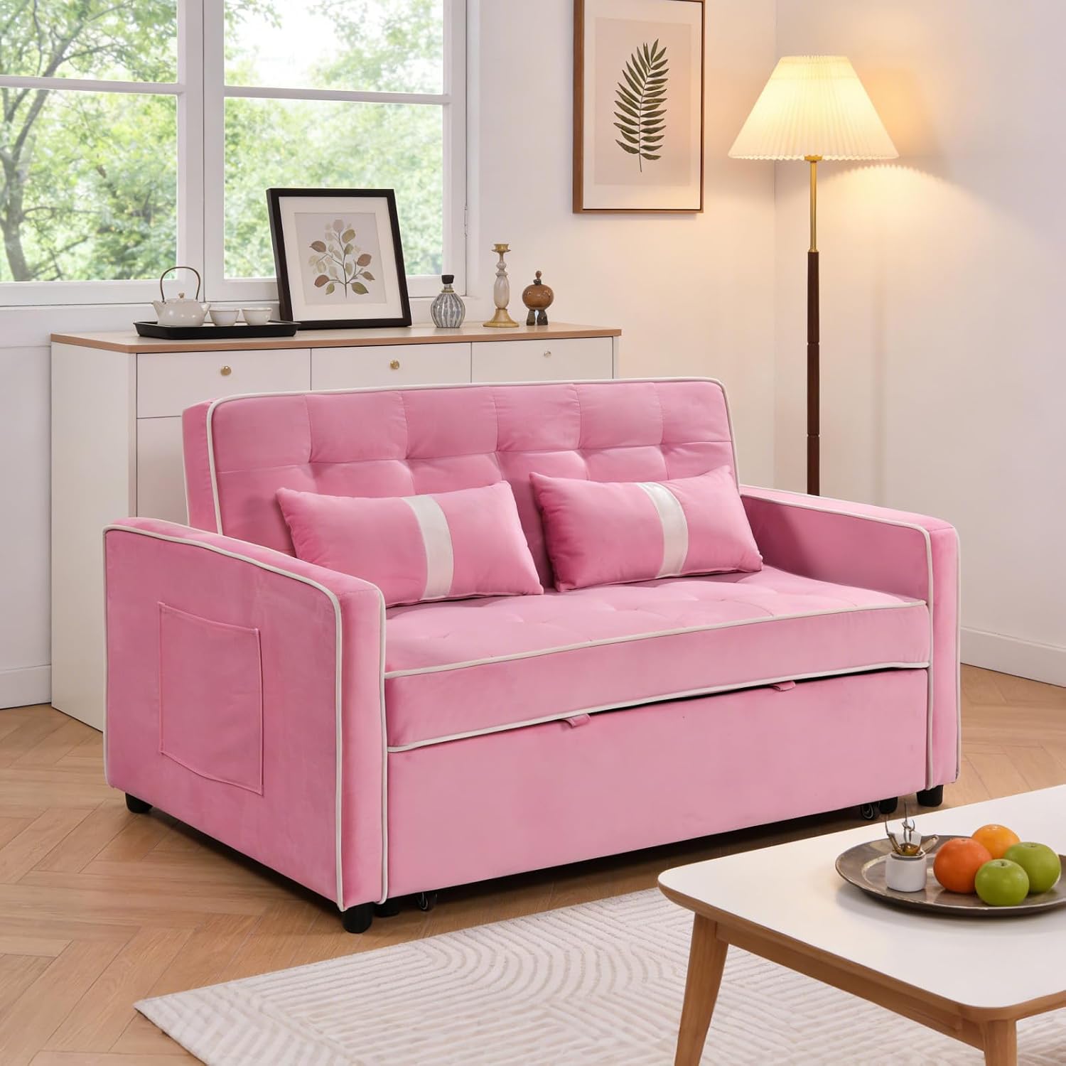 71' Loveseat Sleeper Sofa, 3 in 1 Convertible Sofa Bed, Adjustable Backrest Comfy Pull Out Couch, Modern Upholstered Sofa for Living Room Bedroom Apartment Small Space (Pink)