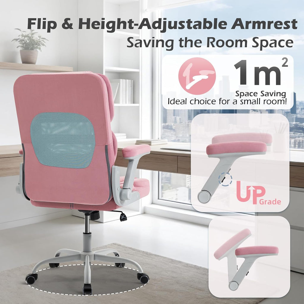 SEATZONE Rose Home Desk Office Chair with Arms and Wheels, Comfortable Executive Computer Chair, Breathable Mesh and Velvet Fabric Swivel Task Chairs for Women&Girls