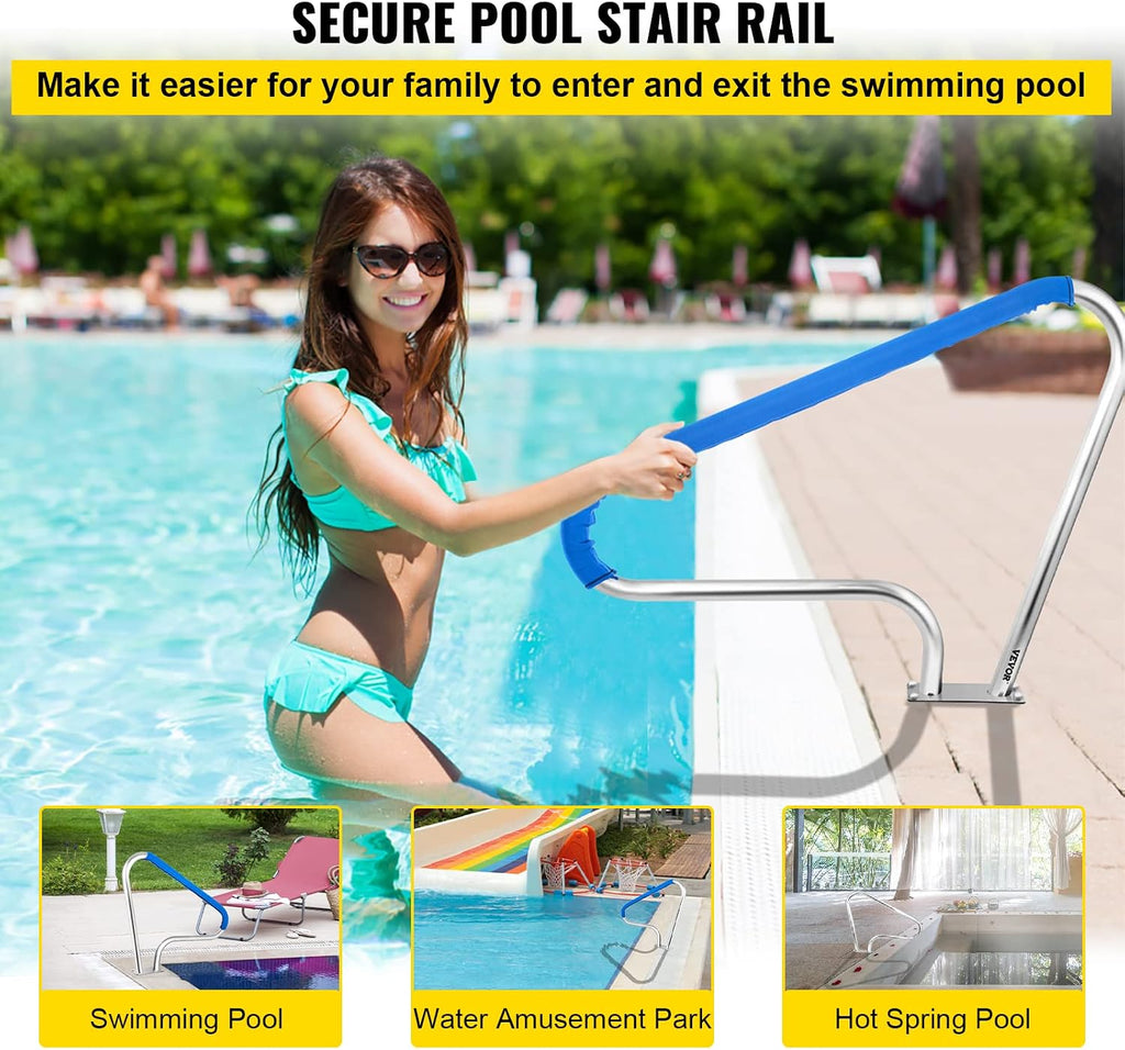 VEVOR Pool Rail 48x36 Pool Railing Brushed Stainless Steel 250LBS Load Capacity Silver Rustproof Pool Handrail Humanized Swimming Pool Handrail with Blue Grip Cover & M8 Drill Bit & Self-Taping Screws