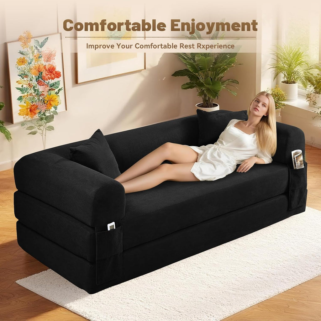 Convertible Futon Sofa Bed,80' Folding Pull Out Couch with Pillows & Storage Pocket (Black, Corduroy-30 W)