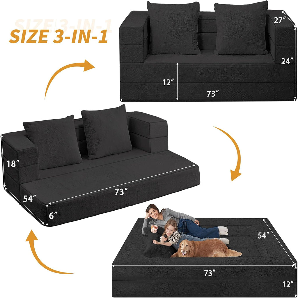 Futon Sofa Bed with Pillow, 3-in-1 Sleeper Sofa Bed with Removable Cover, Convertible Floor Sofa Bed, No Assembly Boneless Couch for Living Room, Bedroom