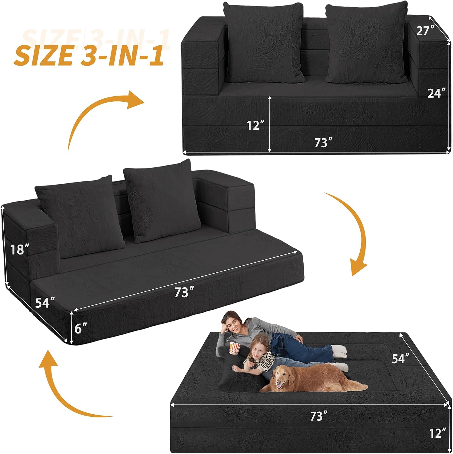 Futon Sofa Bed with Pillow, 3-in-1 Sleeper Sofa Bed with Removable Cover, Convertible Floor Sofa Bed, No Assembly Boneless Couch for Living Room, Bedroom