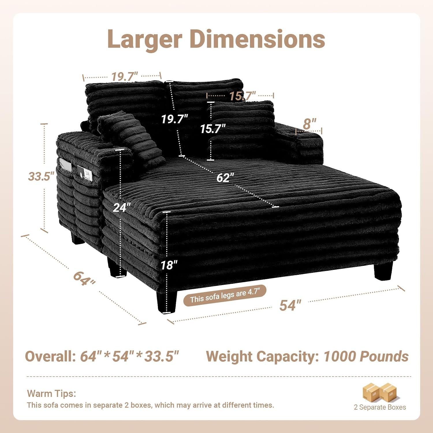 Amsleekey 64' Chaise Lounge Chair Indoor, Oversized Sleeper Chair with Wood Frame, Upholstered Sofa Bed for Living Room, Movie Room, Bedroom with 4 Storage Pockets&2 Cup Holders(Plush Corduroy, Black)