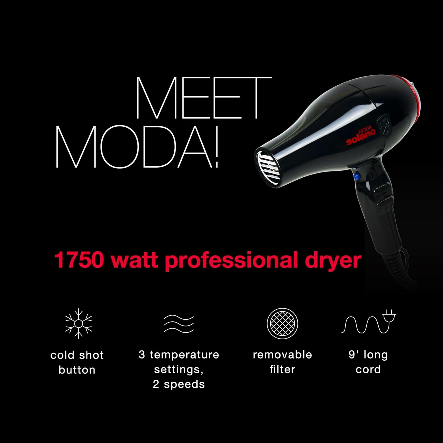 Solano Moda Fast Drying 2-Speed Ionic Hair Dryer -1750 Watt + Internal Silencer + Far Infrared Heat - Smoothing Without Sacrificing Body or Bounce - Italian-Made