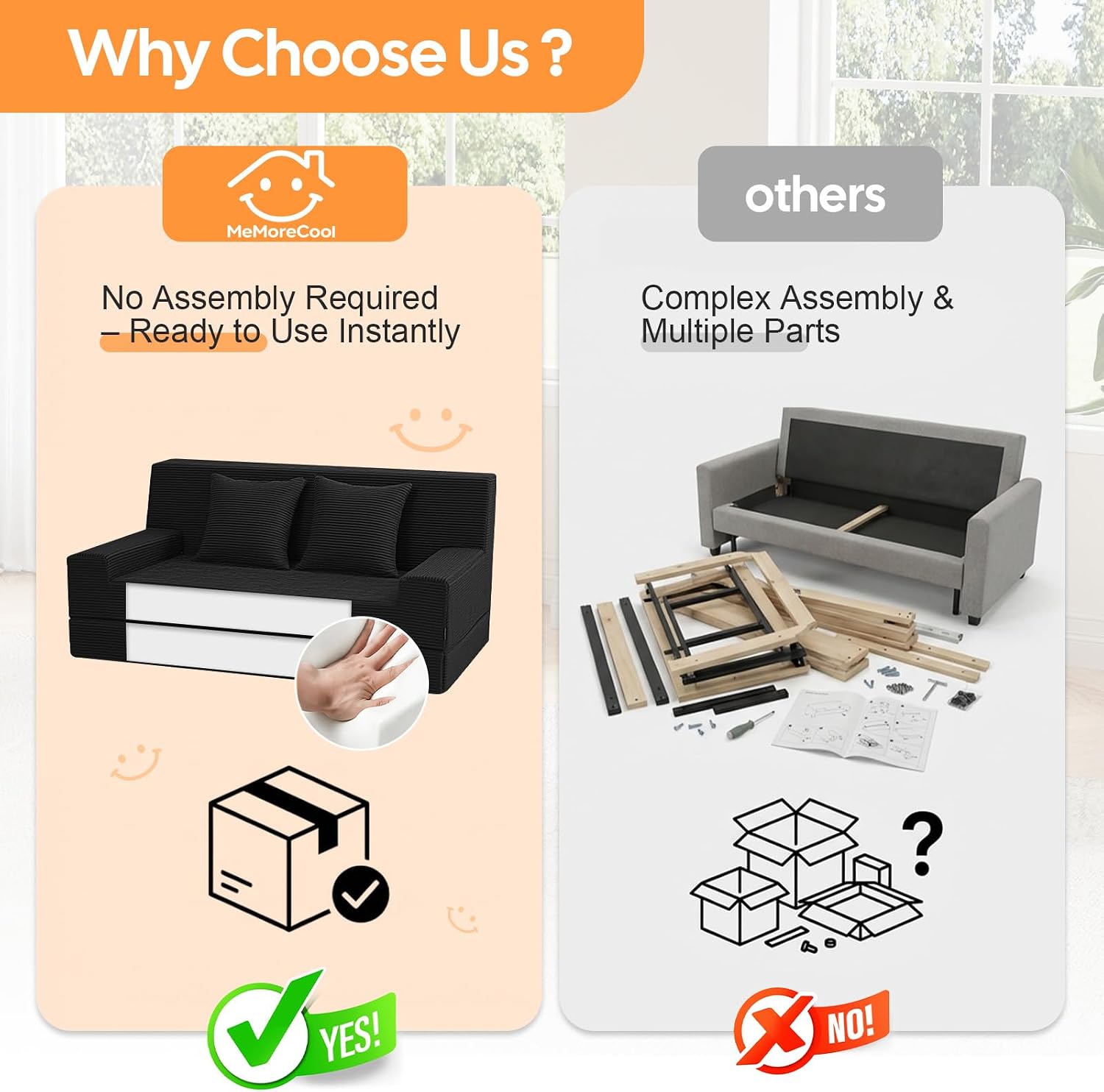 MeMoreCool 59' Loveseat Boneless Couch — Convertible Futon Sofa Bed, Corduroy Foldable 2-in-1 Floor Sleeper for Small Living Room, Apartment, Guest Room, High-Density Foam Support & Washable Cover