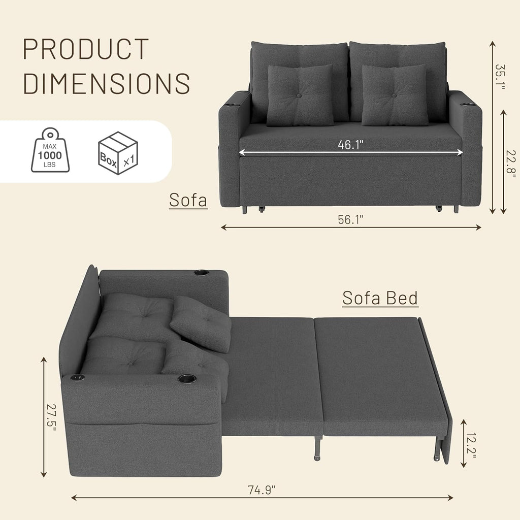 Krcix 3 in 1 Sofa Bed, 56 Inch Convertible Pull Out Couch, Loveseat Sleeper Sofa with Cup Holders, USB, Sofa Couches for Living Room, Bedroom, Apartment, Dark Grey