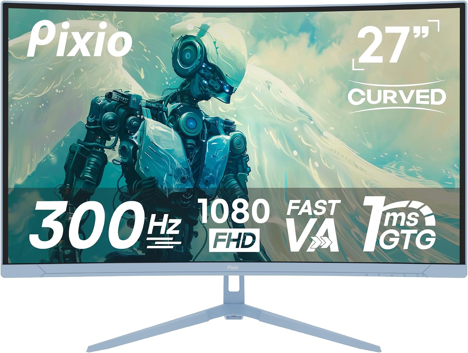 Pixio PXC279WAVE Blue 27 inch 300Hz Refresh Rate FHD 1080p Resolution 1650R Curve Fast VA Panel 1ms GTG Response Time HDR Curved Gaming Monitor and PS1S Wave Blue Single Monitor Arm