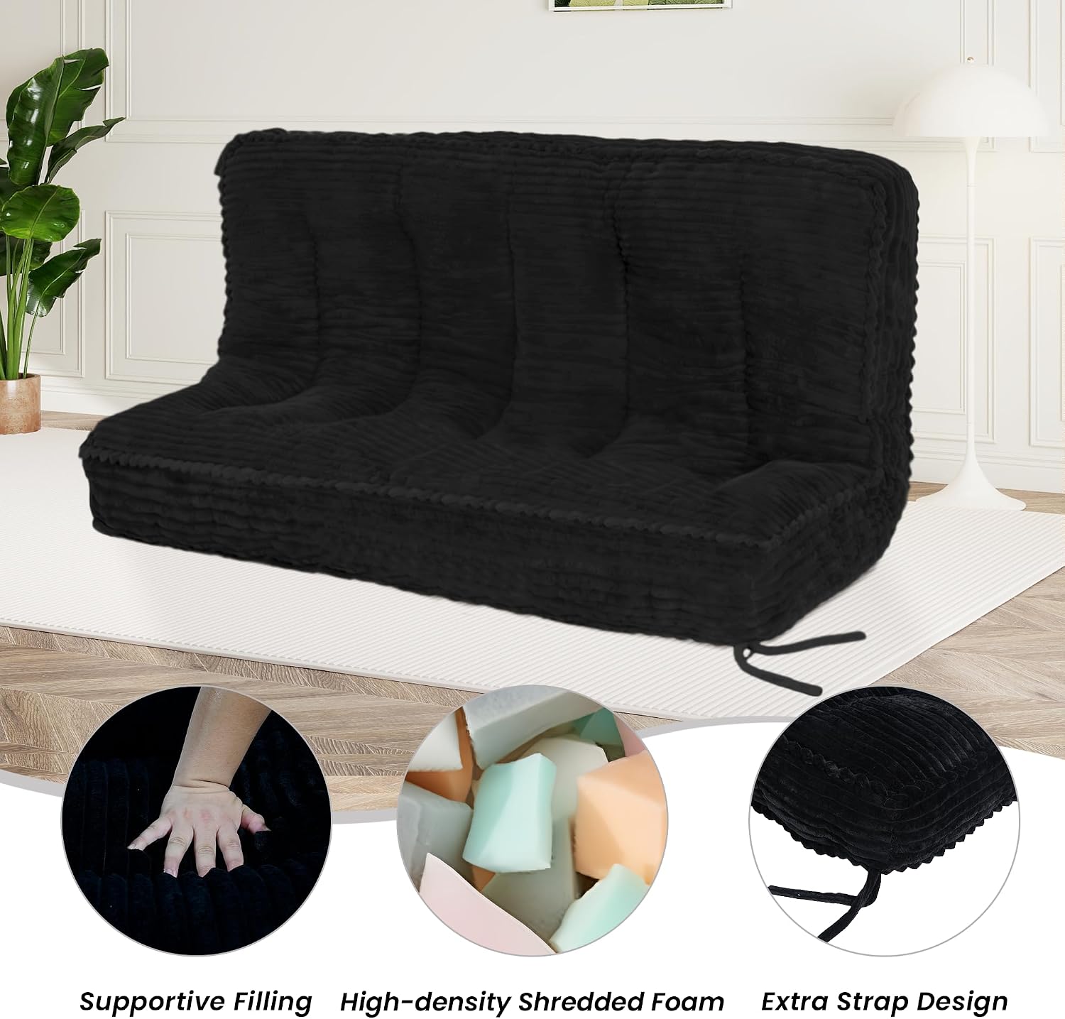 8 Inches Futon Mattress Queen Size, Extra Thick Futons Sofa Couch Bed with Strap Design, Japanese Floor Mattress for Adults, Folding Mattres Shredded Foam Filling (Frame Not Included), Black