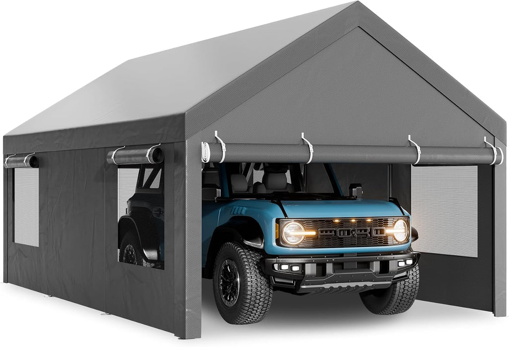 Walsunny Carport, 12x20 ft Heavy Duty Carport Canopy with Roll-up Windows, Portable Garage with Removable Sidewalls & Doors, Car Canopy with All-Season Tarp for Car, Truck, Boat