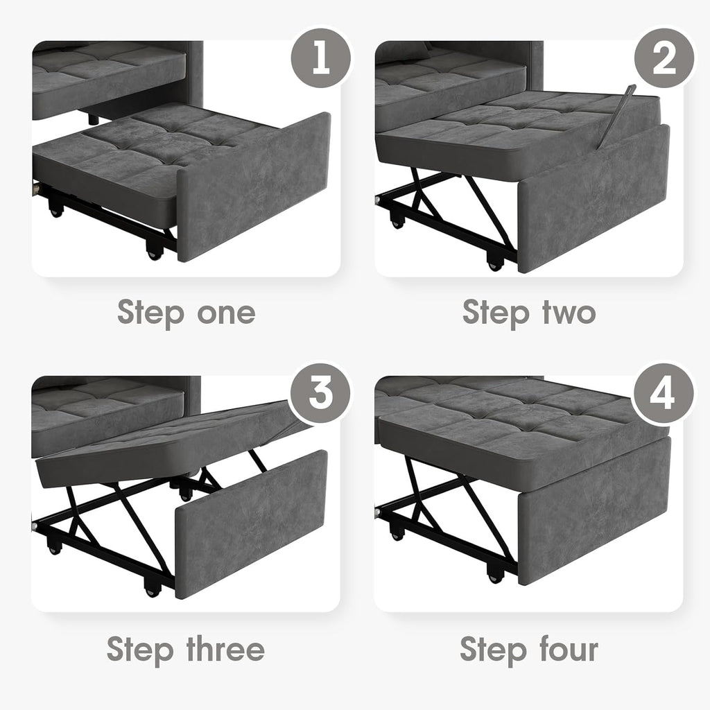 Vabches Sofa Bed Chair 3-in-1 Convertible, Sofa Bed Couches with Wing Table and USB Ports Outlet, Velvet Sleeper Chair with Adjustable Backrest and Two Pillows, Easy Assembly, Dark Grey