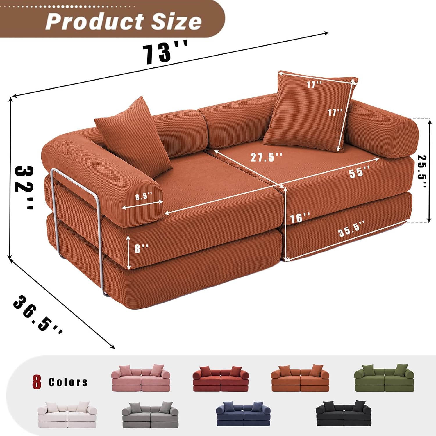 73' Convertible Modular Folding Sofa Bed, 5-in-1 DIY Combination Fold Out Sleeper Sofa Bed, Loveseat sleeper Couch with Removable Armrests, Corduroy Floor Couch, Small couches for small spaces, Orange