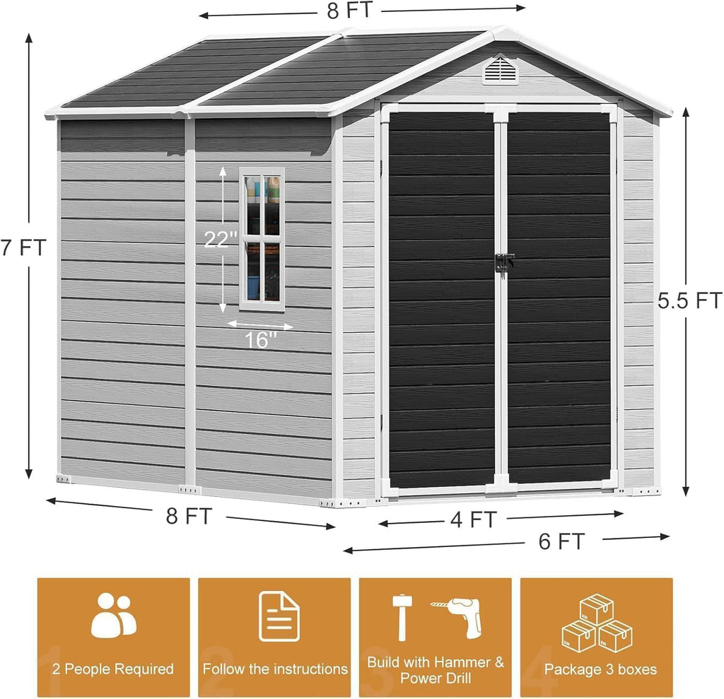 Restland 6x8 FT Resin Shed with Floor Waterproof Outdoor Storage Plastic Shed with Window & Lockable Door Large Garden Sheds for Backyard, Patio