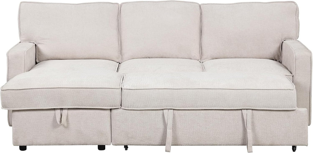 LUMISOL 89' Convertible Sleeper Sofa Bed, Modern L-Shaped Sectional Sofa Pull Out Couch with Chaise, Chenille Sofa Bed with Cup Holder, USB Ports for Living Room, Small Apartment, Beige
